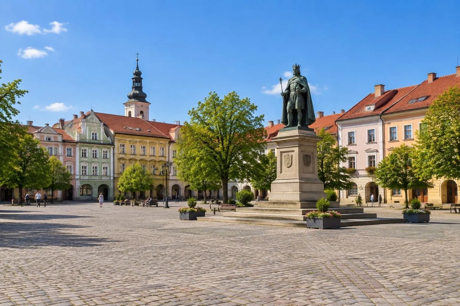 Rynek w Bochni z zabytkowymi kamienicami w słoneczny dzień