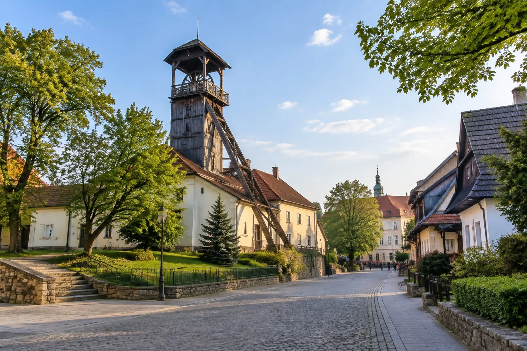 Zabytkowa zabudowa Wieliczki przy Szybie Daniłowicza w słoneczny dzień